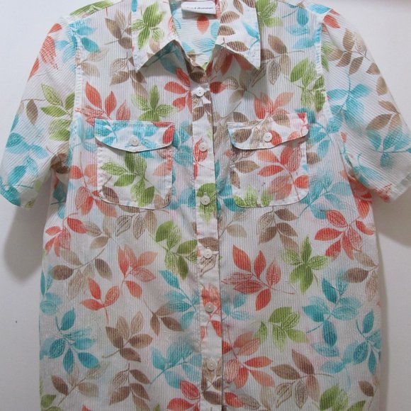 Alfred Dunner Top Shirt Blouse Short Sleeve Button Down Blue Green Orange Leaves - Picture 11 of 14
